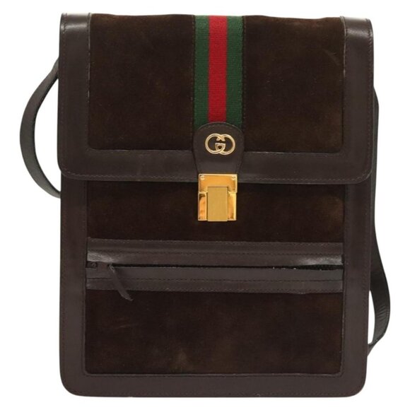 GUCCI GG Canvas Web Sherry Line Bag Suede Leather Dark Brown gold Auth - Picture 12 of 16